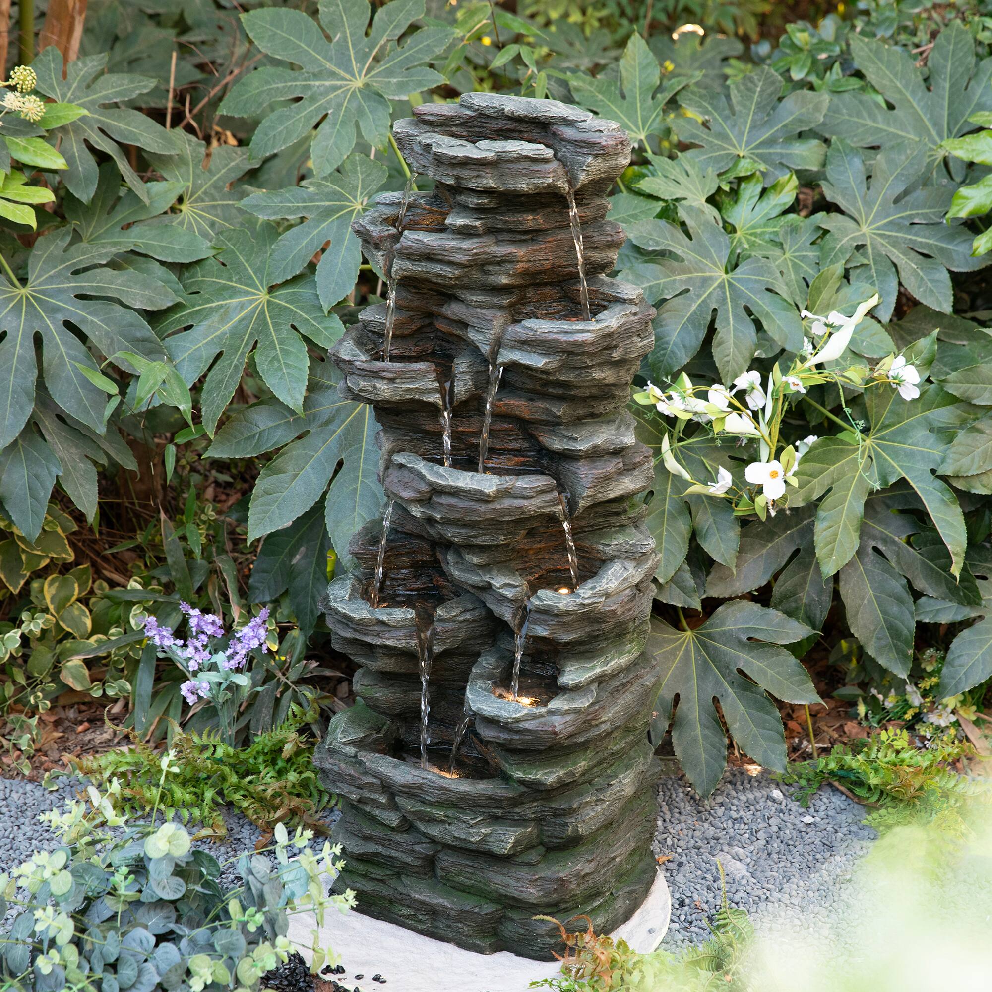 Glitzhome® 39.25" LED 9-Tier Cascading Rock Polyresin Outdoor Fountain